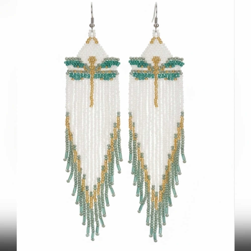 🆕️ Large Handcrafted Chic Beaded Earrings with Dragonfly Motif
